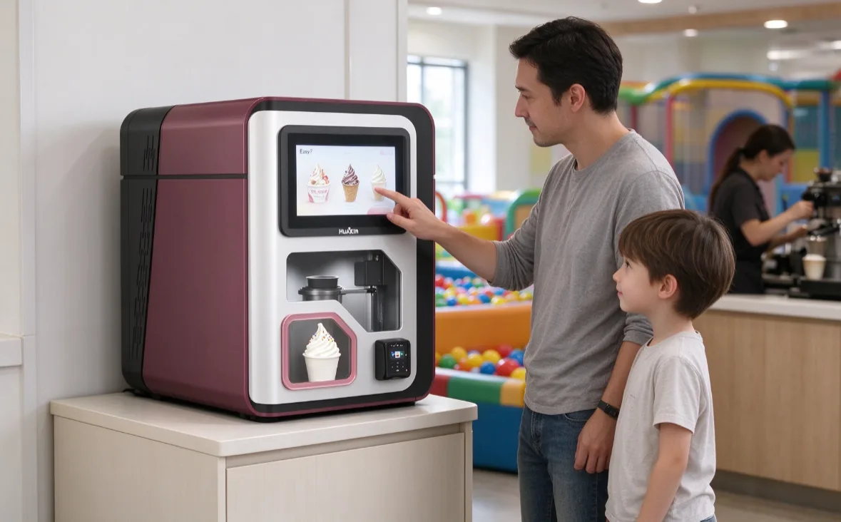 Huaxin Power7 countertop ice cream vending machine at the end of an indoor playground café counter, with a parent ordering and a child watching through the window